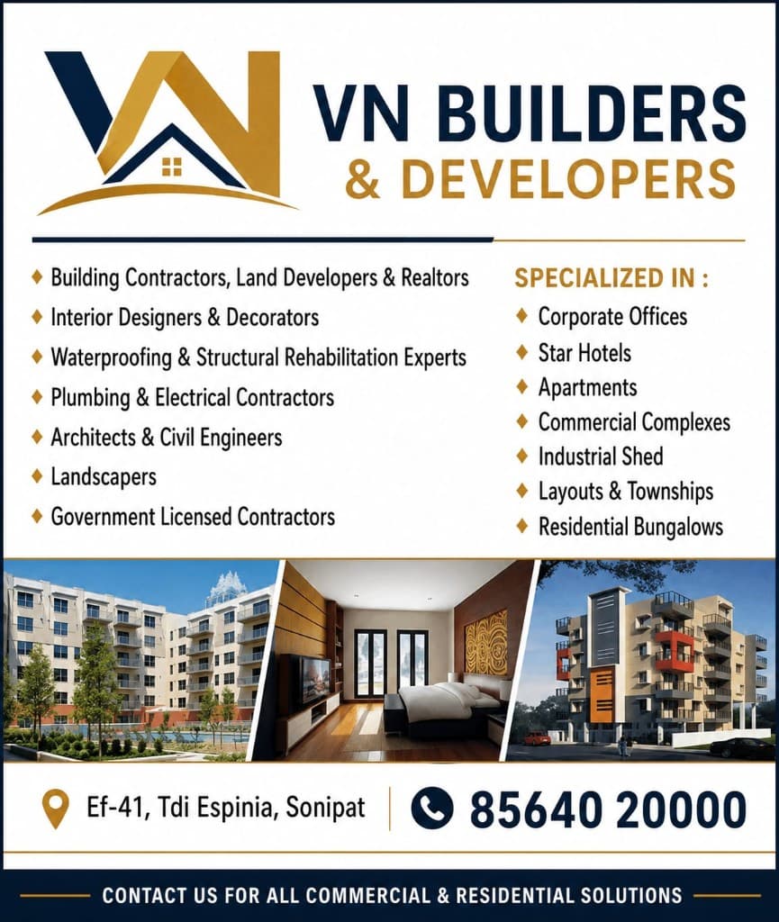 VN Builders & Developers company flyer showing logo, services, specializations, and contact details